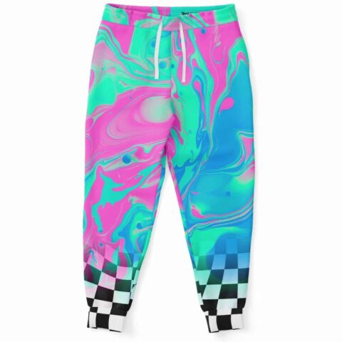 Trippy acid joggers with vibrant pink and blue swirling design
