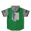 Winged shield emblem on green jersey with gray sleeves and hood, flat-lay back view