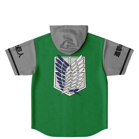 Winged shield emblem on green jersey with gray sleeves and hood, flat-lay back view