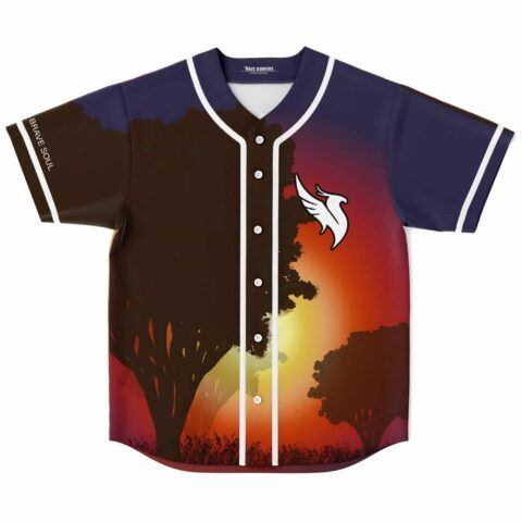 Front-view warm sunset landscape with silhouetted trees, white winged emblem, and “BRAVE SOUL” sleeve text