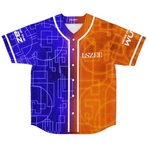 Split blue and orange geometric circuit pattern on front, displayed flat against a white background