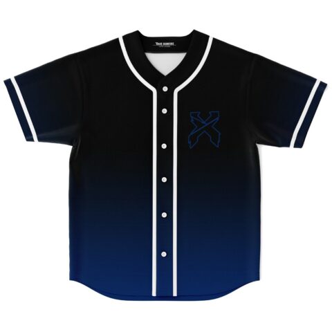 Crossed blue blade chest emblem on a black-and-navy button-front jersey, front view