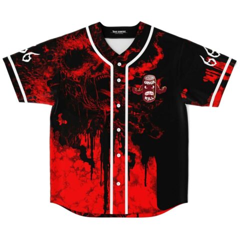 Red-and-black horror kaiju pattern on front, featuring skull artwork and “GINGA R3LL” patch, flat lay