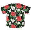 Black rose and jasmine floral pattern with oversized white lettering and red blooms, reverse view