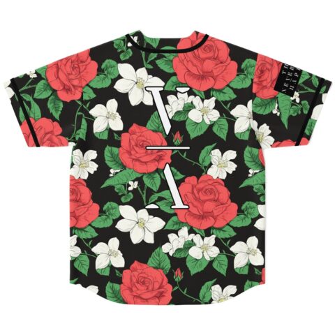Black rose and jasmine floral pattern with oversized white lettering and red blooms, reverse view