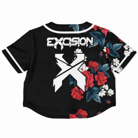 Black cropped baseball jersey back view with floral graphic and text