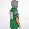 Winged shield emblem partially visible on green jersey back, Japanese sleeve lettering, side model view