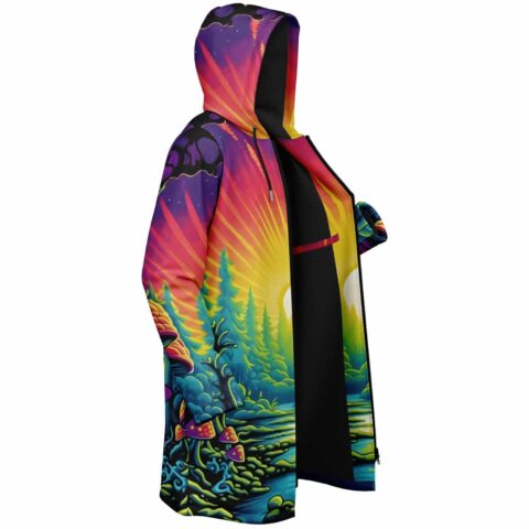 Side view showing a rainbow forest pattern, black lining, and open front zipper
