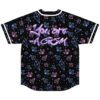 Black gem pattern rave baseball jersey with colorful gems and text design