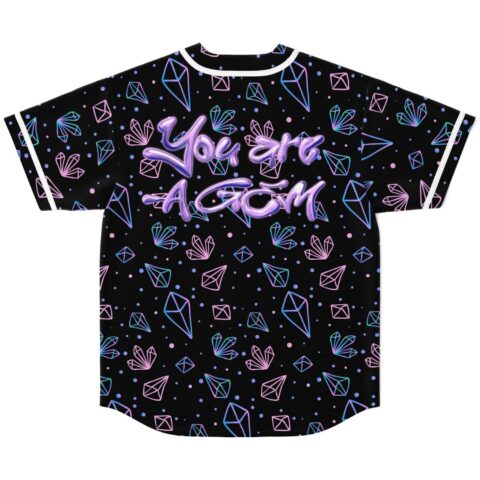 Black baseball jersey with colorful gem pattern and text design