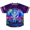 Neon astronaut psychedelic forest design with jellyfish, mushrooms, back view, Ki Yay sleeve text