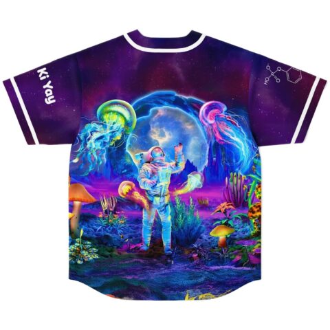 Neon astronaut psychedelic forest design with jellyfish, mushrooms, back view, Ki Yay sleeve text