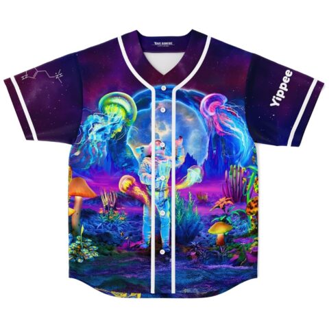Neon astronaut psychedelic forest design with jellyfish and mushrooms, front view with Yippee sleeve text
