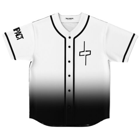 Black-to-white gradient front with minimalist cross-like emblem and “PACT” sleeve text, flat lay