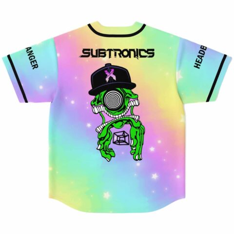 Pastel rainbow starry galaxy jersey back view, neon green cartoon skeleton, bold festival lettering