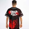 Red-and-black horror kaiju pattern on back, displaying large “GINGA R3LL” lettering, modeled rear view