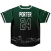 Green-to-black jersey back view with PORTER, outlined 24, floral line art, and white sleeve lettering