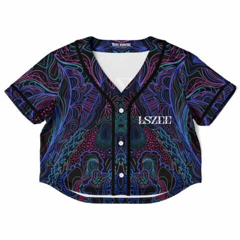 Cropped baseball jersey with vibrant psychedelic purple and blue patterns