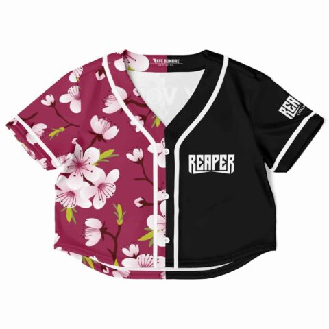 Cropped baseball jersey with floral and black design, front view