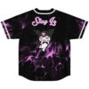 Black jersey back with purple abstract swirl print, cartoon character, and readable “Slay Le” text