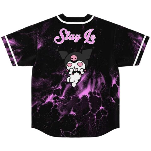 Black jersey back with purple abstract swirl print, cartoon character, and readable “Slay Le” text