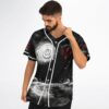Angled front view highlights the monochrome vortex ocean pattern, red elemental symbols, and white piping