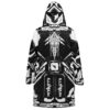 Black-and-white cyber circuit cloak with winged mechanical emblem, back view on white background
