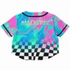 Back view of the rave cropped baseball jersey with bold text and a checkerboard pattern