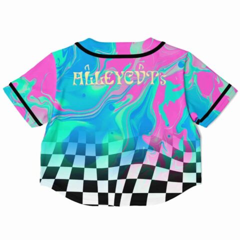 Back view of cropped jersey with bold text and checkerboard pattern