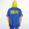 Anime-inspired warrior face shading royal blue back beneath bold yellow emblem, rear view