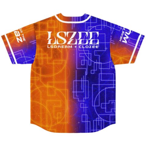 Split orange and blue geometric circuit pattern on back, displayed flat with bold white lettering