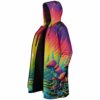 Side view showing mushroom forest artwork, open black-lined front, and hooded silhouette