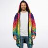 Front view on a model with vivid sunburst colors, forest details, and raised hood