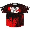 Red-and-black horror kaiju pattern on back, with dripping white “GINGA R3LL” lettering, flat lay