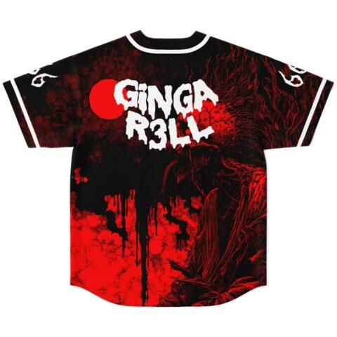 Red-and-black horror kaiju pattern on back, with dripping white “GINGA R3LL” lettering, flat lay