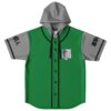 Winged shield emblem on green jersey with black piping and gray hood, flat-lay front view