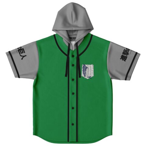 Winged shield emblem on green jersey with black piping and gray hood, flat-lay front view