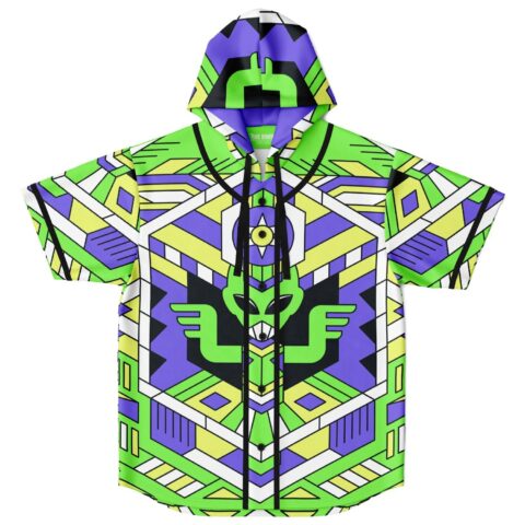 Front view of vibrant hooded baseball jersey with geometric patterns.