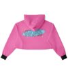 Back view of pink cropped hoodie with printed design