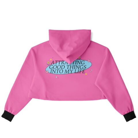 Back view of pink cropped hoodie with printed design
