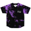 Front view of black and purple abstract swirl jersey with “LEAVE ME ALONE” chest text