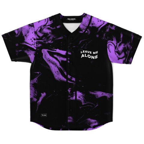 Front view of black and purple abstract swirl jersey with “LEAVE ME ALONE” chest text