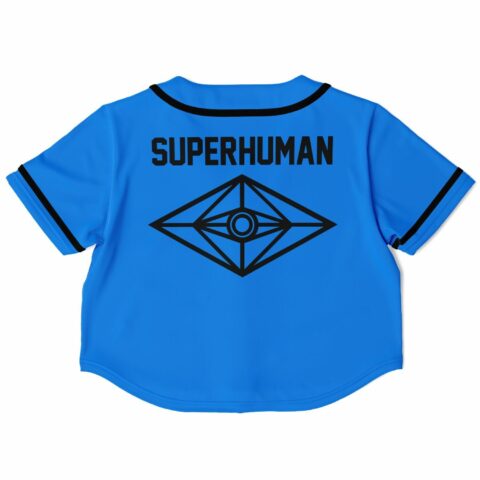 Back view of cropped blue jersey featuring bold black eye design