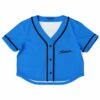 Blue rave cropped baseball jersey with black accents and a logo on the front