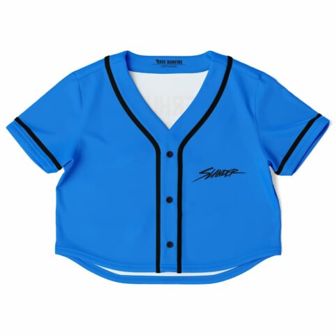 Cropped blue baseball jersey with black accents and front logo