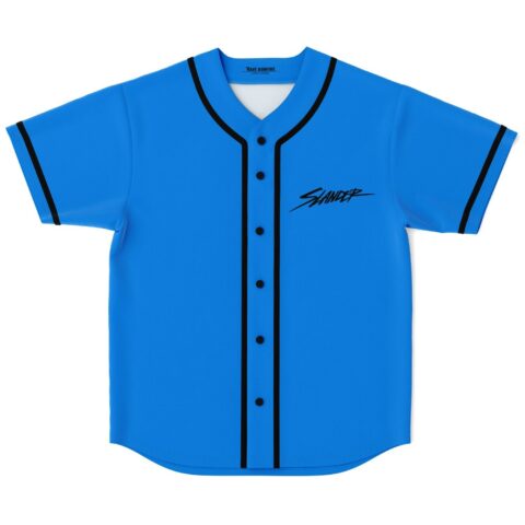 Bright blue baseball jersey with black piping and brush-script chest lettering, front product view