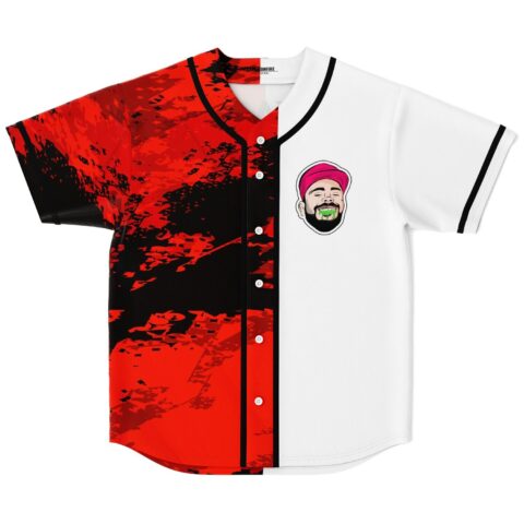 Split red-and-black distressed abstract pattern jersey with cartoon face patch, front product view