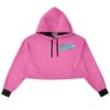 Front view of pink cropped hoodie with text design