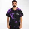 Front view of black abstract swirl jersey with purple accents and “LEAVE ME ALONE” text
