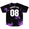 Back view of black and purple abstract swirl jersey featuring “DADDY DYL” and number 08